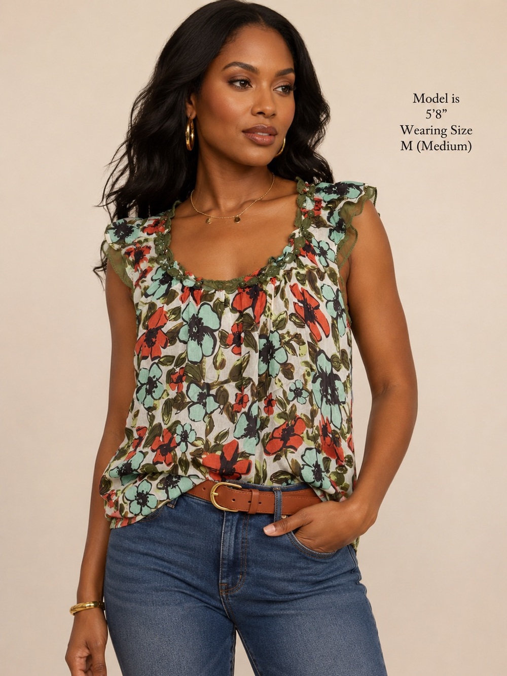 Jaloux Silk Floral Blouse Medium Sheer Ruffle Trim Sleeveless Top